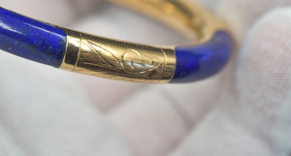 Vintage Lapis Lazuli Gold Bangle Hinged Bracelet … - image 2