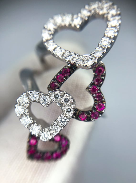 18k Diamond Ruby Hearts Ring