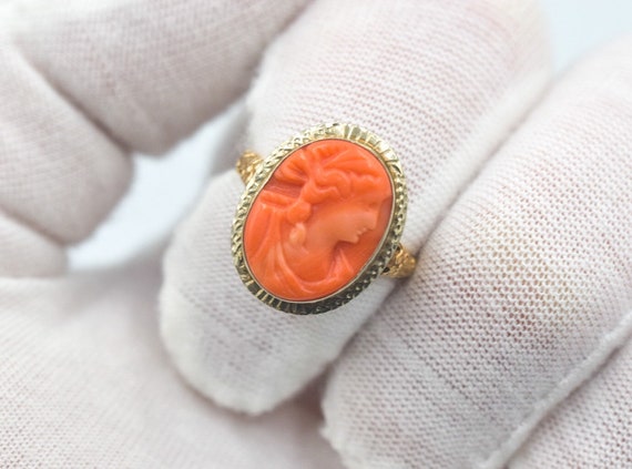 Antique Coral Cameo 14k Gold Ring - image 5