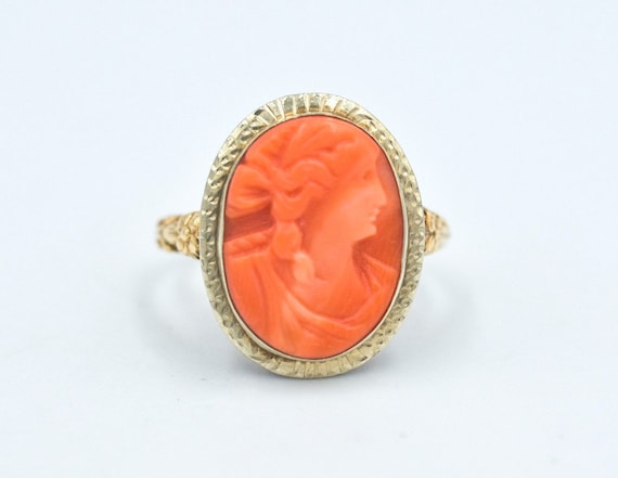 Antique Coral Cameo 14k Gold Ring - image 1