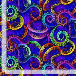 Multicoloured Blue Swirling Piano Keyboard &quot;Rockstar&quot; Music Cotton Patchwork Fabric Timeless Treasures Musical Fabric Instruments