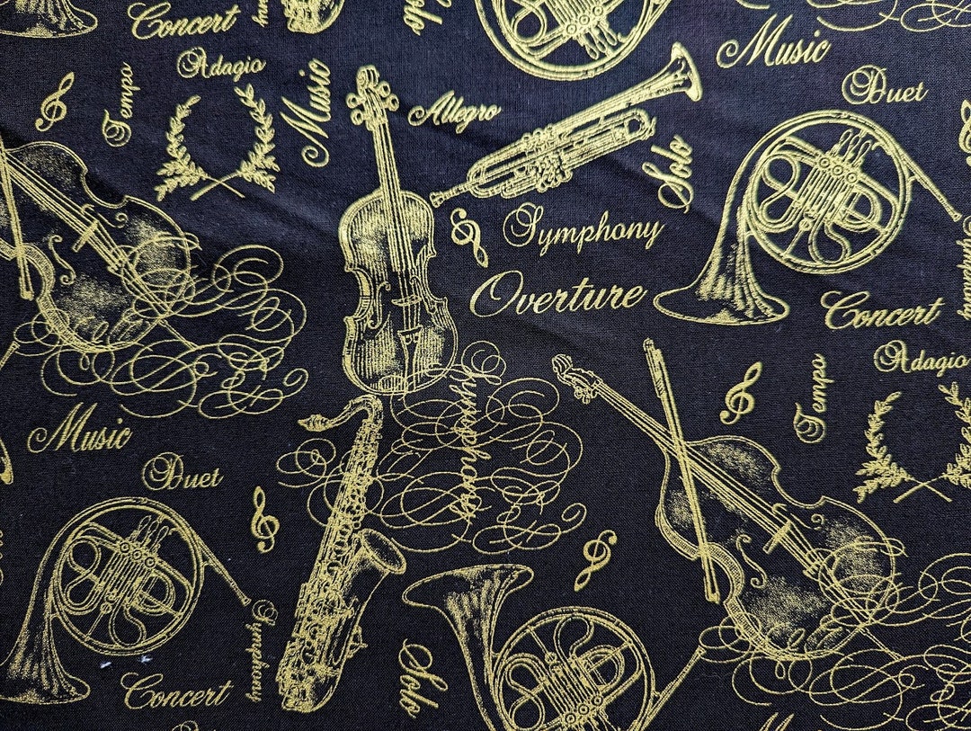 Black and Gold Metallic Music Cotton Patchwork Fabric, Timeless ...