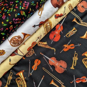 Musical Jazz Instruments on White Black Gold Musical Notes on Black Brass String Instruments Elizabeth&#39;s Studio &quot;Jazz&quot; Collection