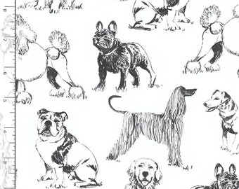 Sketched Dogs Black and White Fabric, Black and White Dog Fabric, Dog Breed Fabric, Timeless Treasures, 44" wide, FREE UK Delivery