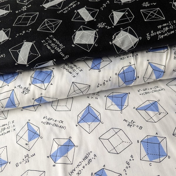 Geometry Maths Fabric Equations Drawings by Sevenberry 44" wide Black White  Blue Grey Cotton Patchwork Quilting Craft Fabric by Sevenberry