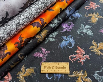 Nutex "Fire and Fury" Collection Dragons on Black Grey Orange Dragon Scale Fabric 44" wide