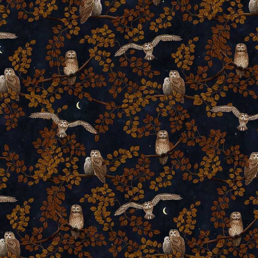 Timeless Treasures Fabric Night Owl, Birds of a Feather Collection Owls Flying and Sitting on Branch