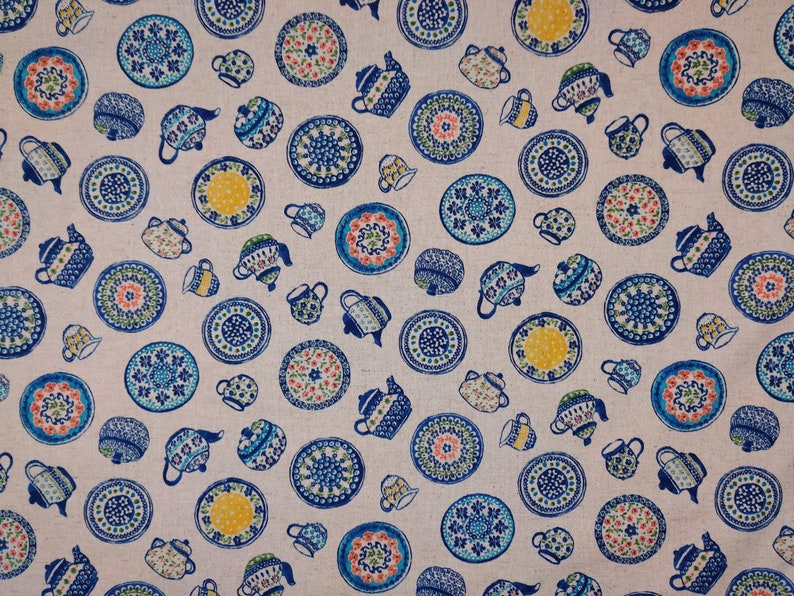 Japanese Linen Mix Fabric 44 wide Blue Ceramics on Natural CottonLinen Blend Fabric FREE UK Delivery Blue Crockery Fabric