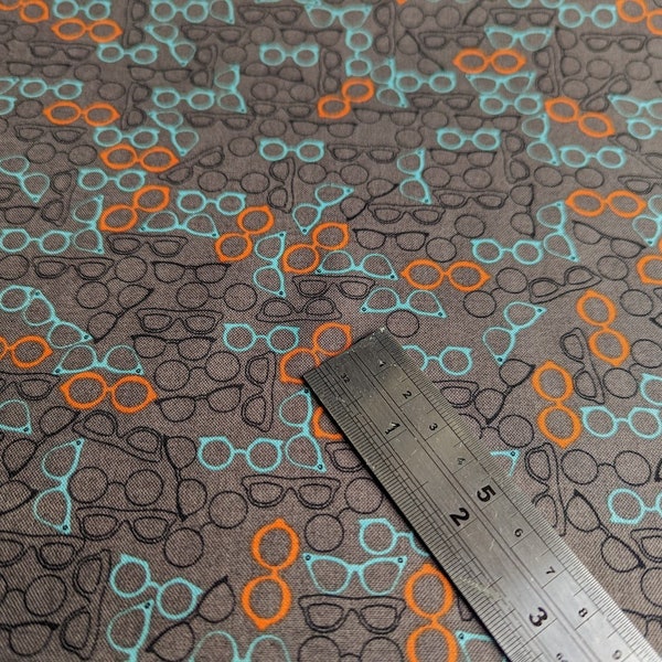 Spectacles on Grey Cotton Patchwork Fabric by Stof, Best Bits, Teal Orange Glasses Fabric Optometrist Fabric Optician Fabric 44" wide