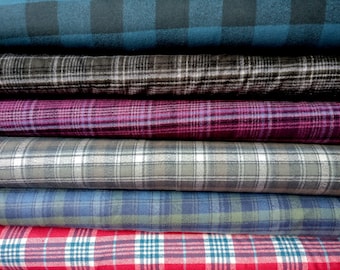 Mammoth Organic Cotton Flannel Robert Kaufman Yarn Dyed Plaid Pacific Blue Aubergine Shadow Storm 9 Colours Brushed Cotton 6.4oz/yd2 217gsm