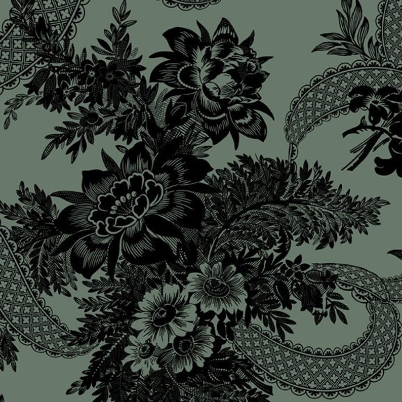Pode incluir: Padr&atilde;o floral preto e branco sobre um fundo verde-s&aacute;lvia. O padr&atilde;o apresenta detalhes intrincados e uma est&eacute;tica vintage.