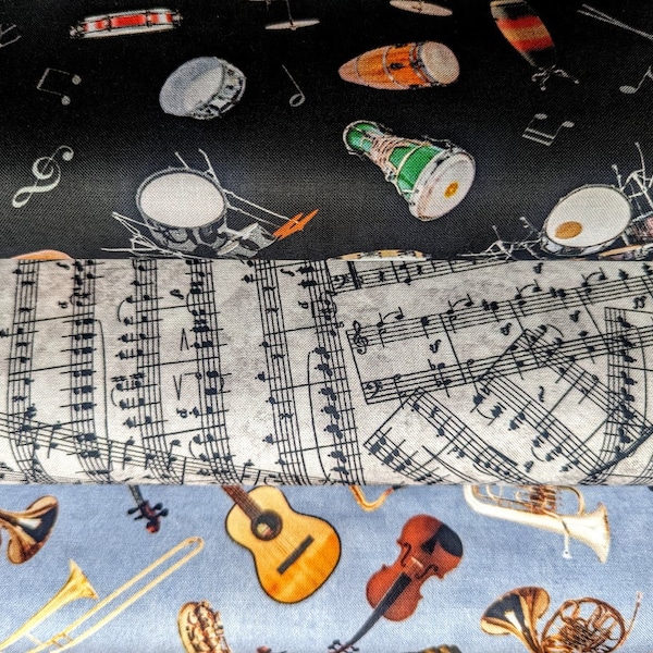 Michael Miller Music Cotton Fabric, Percussian Fabric, Musical Instrument Fabric, Sheet Music Fabric, Black Grey Music Fabric 44" wide,