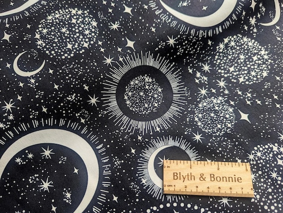 Glow in The Dark Stars and Moons Fabric, Timeless Treasures Night Sky Fabric, Starry Sky Fabric, Celestial Glow in the dark Fabric, 44" wide