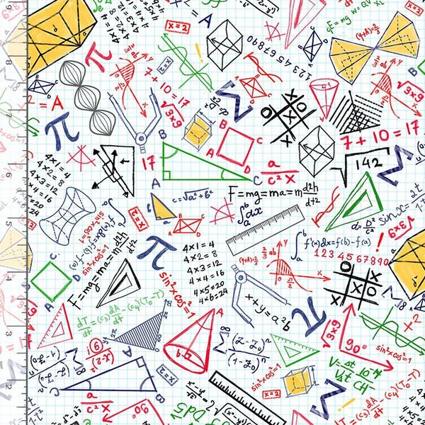 Maths Doodles Cotton Patchwork Fabric, Timeless Treasures, Gail-C8230 White Colourful Maths Doodles on Grid, 44" wide, FREE UK Delivery