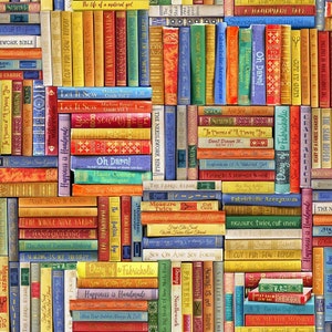 May include: A colourful illustration of a bookshelf filled with books about sewing, quilting, and crafting. The books have titles like "Happiness is Handmade", "The Whole Nine Yards", "Sew On And Sew Forth", and "Diary of a Fabricholic".