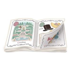 May include: An open book with illustrations of gardens, hats, and knitting. The garden illustration shows a pond with swans, a fountain, and a gate. The hat illustration features a top hat and a yellow hat with flowers. The knitting illustration shows needles and yarn.