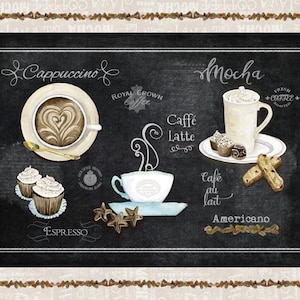 P&B Textiles Coffee Panel &quot;Deja Brew&quot; Patchwork Quality Fabric, Barista Fabric Coffee Fabric Cafe Fabric