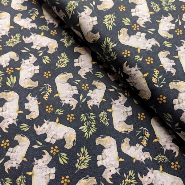 Rhinos on Charcoal Fabric by Dear Stella Rhinoceros Craft Fabric Rhino Fabric 44" wide