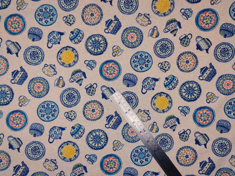 Japanese Linen Mix Fabric 44 wide Blue Ceramics on Natural CottonLinen Blend Fabric FREE UK Delivery Blue Crockery Fabric