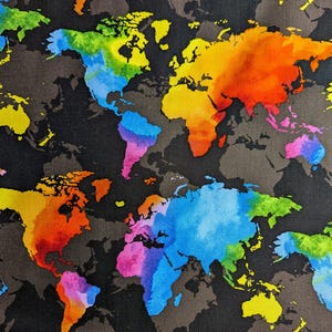 Tissu de qualité, patchwork de coton carte du monde arc-en-ciel, trésors intemporels multicolores, tissu de carte arc-en-ciel, tissu de globe de l'Atlas, 44" de large
