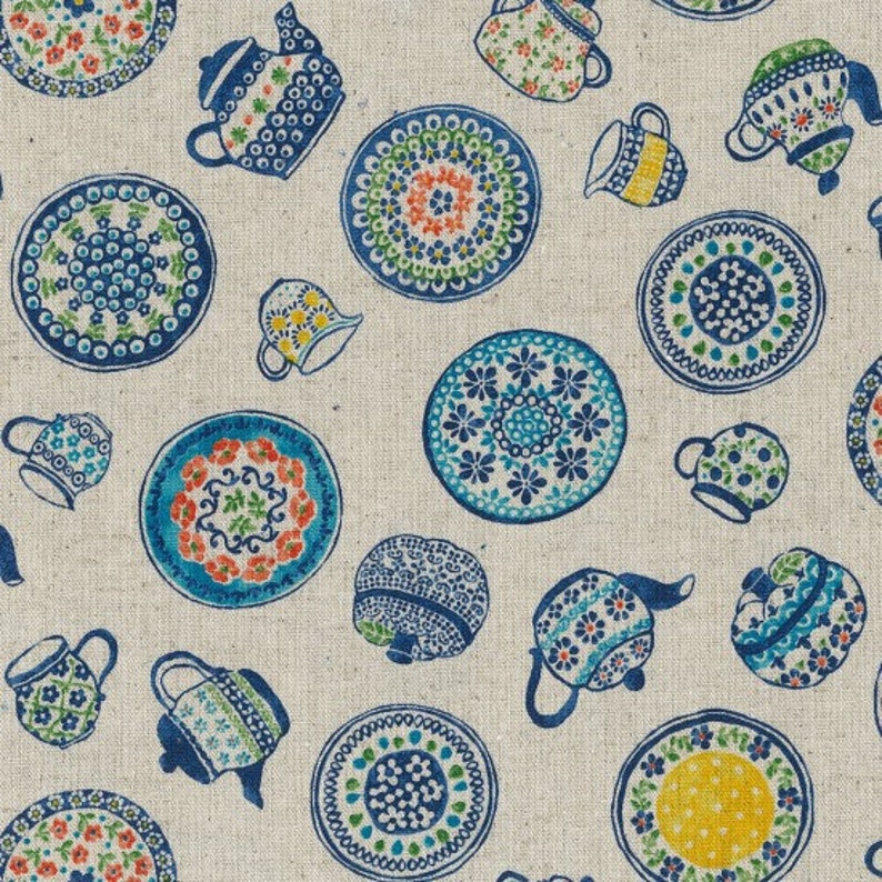 Japanese Linen Mix Fabric 44 wide Blue Ceramics on Natural CottonLinen Blend Fabric FREE UK Delivery Blue Crockery Fabric
