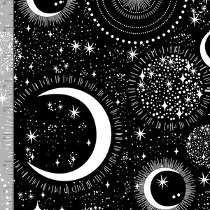 May include: Black fabric with a white celestial pattern. The design features crescent moons, stars, and circular sunbursts. The fabric has a cosmic theme, suitable for apparel or home decor projects.