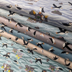 Puffins and Pufflings Lewis and Irene Craft Cotton Patchwork Fabric Mother Puffin Scattered Puffins Sea Blue Grey Light Beige