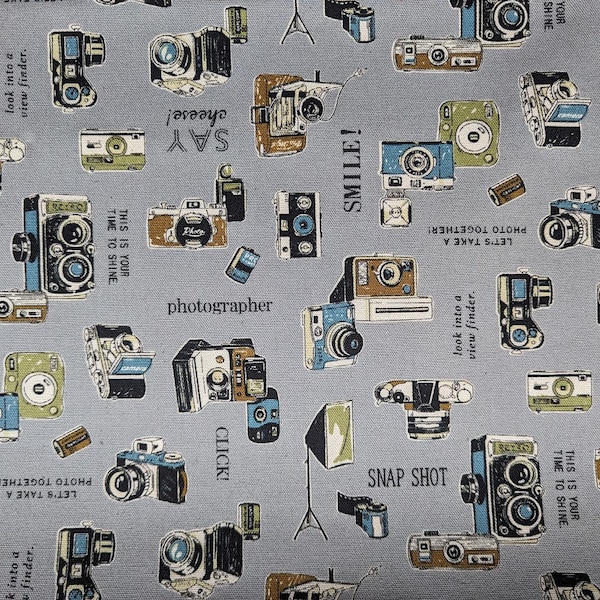 Vintage Cameras on Grey Cotton Fabric by Cosmo Textile Co Travel with Camera Old Fashioned Cameras Craft Cotton Made in Japan 44" wide