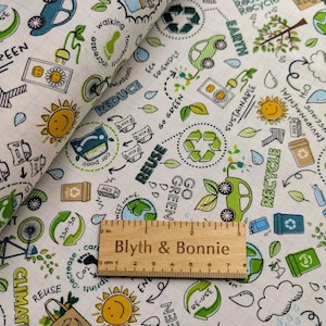 Timeless Treasures &quot;Reduce Reuse Recycle&quot; Cotton Patchwork/Quilting Fabric, 44&quot; wide, Go Green Fabric, Ecological Motif Fabric