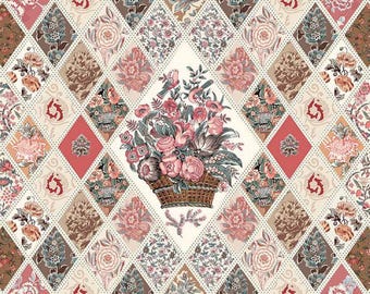 Pode incluir: Um fundo branco com um padrão de diamante de quadrados de tecido floral coloridos. Uma cesta de flores rosa e brancas está no centro do padrão.