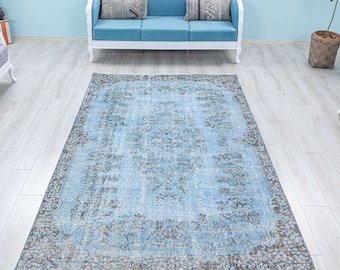 Alfombra turca vintage de lana de 5,5 x 9,4 m, anudada a mano y teñida de azul.