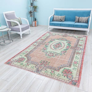 Original Dekorativer Vintage Teppich 200x300 Türkischer Pastell Rosa Grün Teppich, Handgefertigter Oushak Teppich für Eingang,Kinderzimmer,Wohnzimmer