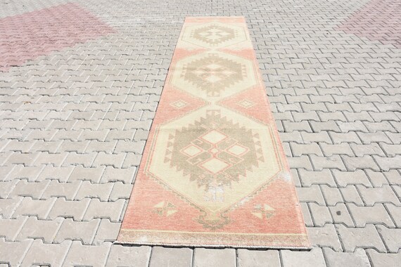 Hand-Knotted Wool Oushak Runner Rug, Pastel Anatolian Hallway Rug (13.5 x 3.1 Ft)