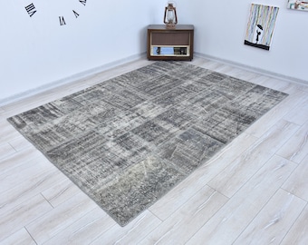 Patchwork Carpet 6x8 Light Grey Area Rug, Turkish patchwork Rug, Vintage Handmade Patchwork Rug, 7.9 x 5.9 Feet