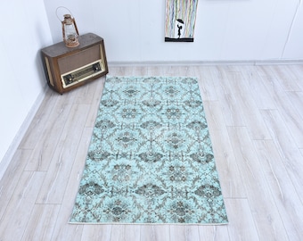 Tappeto turco vintage in lana, Oushak floreale tinto in blu acqua (1,8 x 1,1 m)
