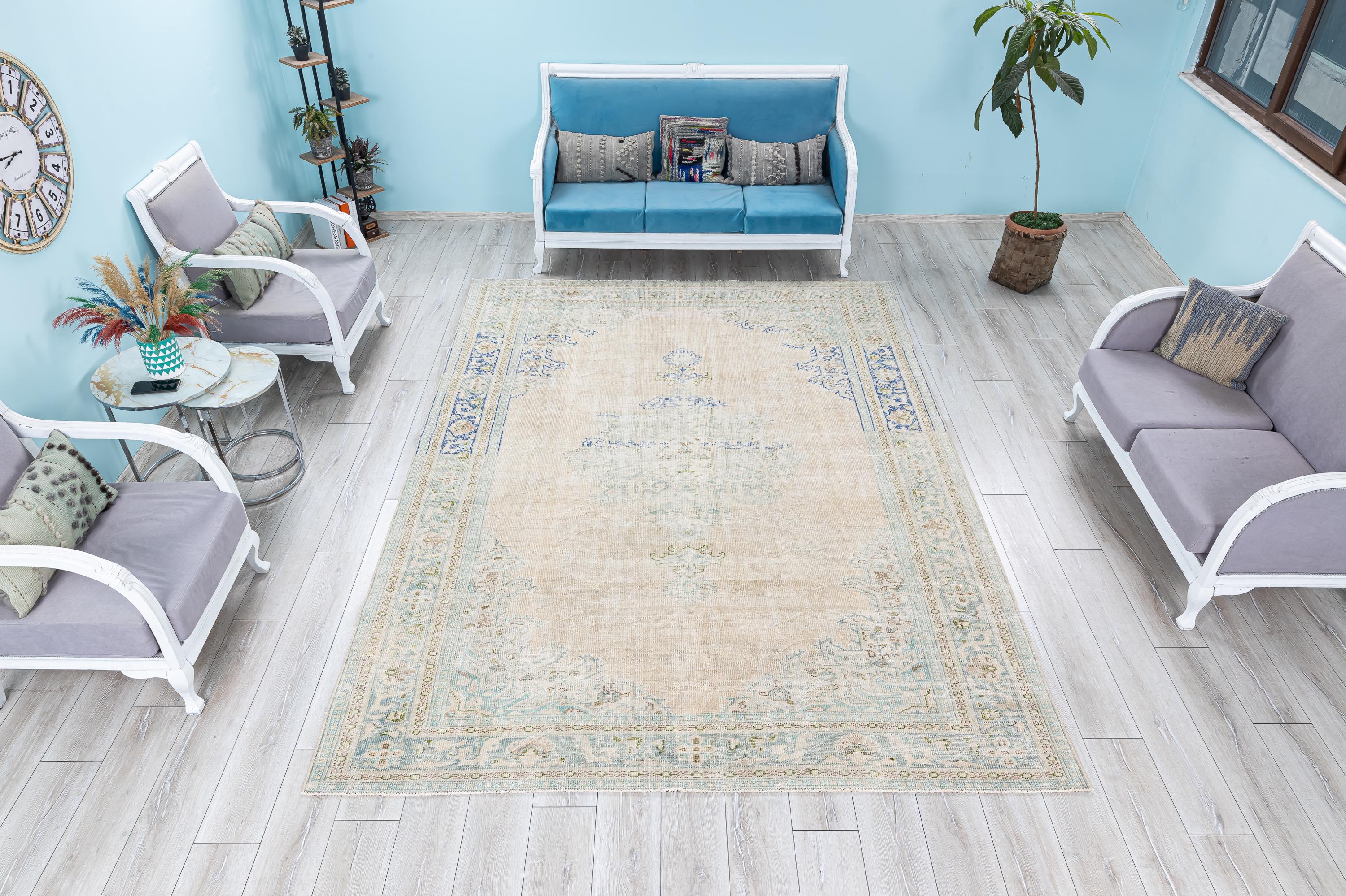 Neutral Large Oushak Rug - Vintage Faded Primitive Oriental Hand