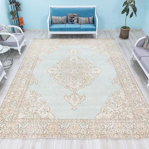 10x13 Vintage Rug-Oversized Persian-Hand Knotted Pastel Aqua Blue Carpet - Extra Large Bohemian Area Rug - 50s Oriental Rug