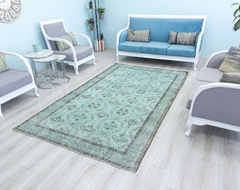 Teal Floral Turkish Rug 5x8, Aqua Green Overdyed Vintage Rug