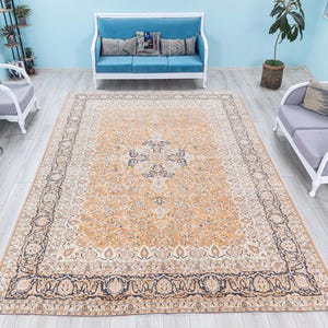 Oversize Vintage Area Rug 9x12 Faded Orange Best Quality Persian Large Carpet 9x12 Oushak Big Size Hand Woven Rug 12.4 x 8.9 Feet