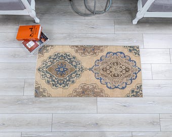 Hand Knotted Turkish Mini Rug, Muted Neutral Entry Mat, 2x4 Vintage