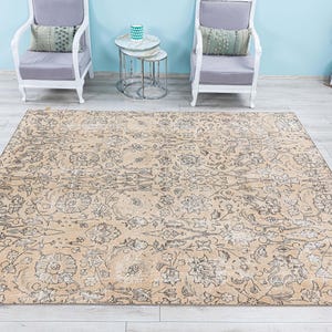 Beige Persian Floral Rug 7.2x9.4ft Antique Tabriz Carpet, Vintage Area Rug, Hand-Knotted Primitive Rug, Distressed Unusual Rug