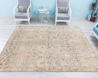 Beige Floral Persian Rug 7.2x9.4ft, Hand-Knotted Antique Tabriz Carpet