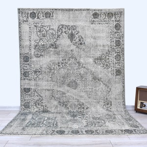 Gray Rug 6x9-Grey Primitive Carpet-Bohemian Distressed Unique Rug, Abstract Gray Handmade Area Turkish Overdyed Wool Carpet, 9.6 x 6.3 Feet