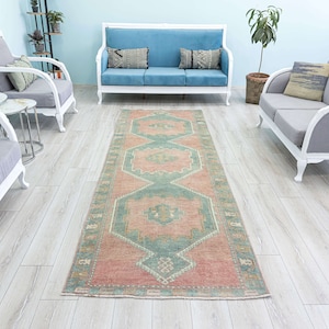 Rug Runner Vintage Faded petrol green, pink 3.6 X 10.3 Turkish Handwoven Rug Runner, Neutral Wool handmade Rug Runner