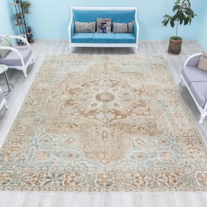 Antique Rug 10x13 Vintage Persian Oversized Carpet, Muted Extra Large Heriz Patterned Rug, Pale Carpet 10x12.7