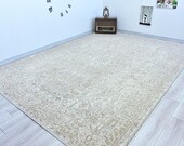 Heriz Pattarned Large Neutral Tebriz Rug, Oversize Vintage Persian Rug, Large Pale Cream Brown Green Rug, Muted Turkish Large Rug,