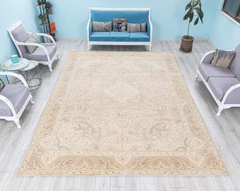 Muted Oversized Wool Rug - Neutral Oushak Carpet - Large Hand Knotted Turkish Rug for Minimal Decor