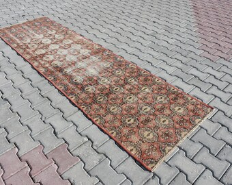 Vintage Runner Rug 10.1 x 2.7 Ft Pastel Pink Oushak Distressed Runner,Bohemian Hallway Rug,Kitchen Runner Rug,Fade Turkish Runner Rug Carpet
