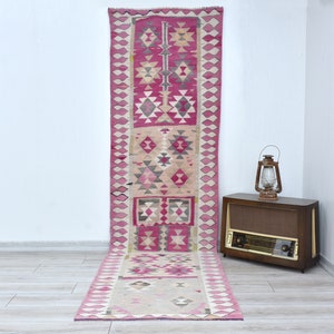 Pale Pink White Gray and Cream Runner Rug, Turkish Kilim Runner Rug, Anatolia Hand Knot Runner, Original Wool Nomadic Runner,2.8 x 10.1 Feet