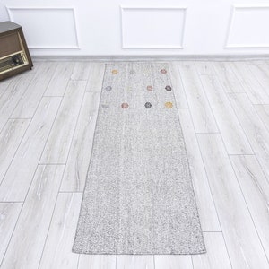 May include: A grey runner rug with a subtle texture and a pattern of colourful dots. The rug is on a light wood floor.